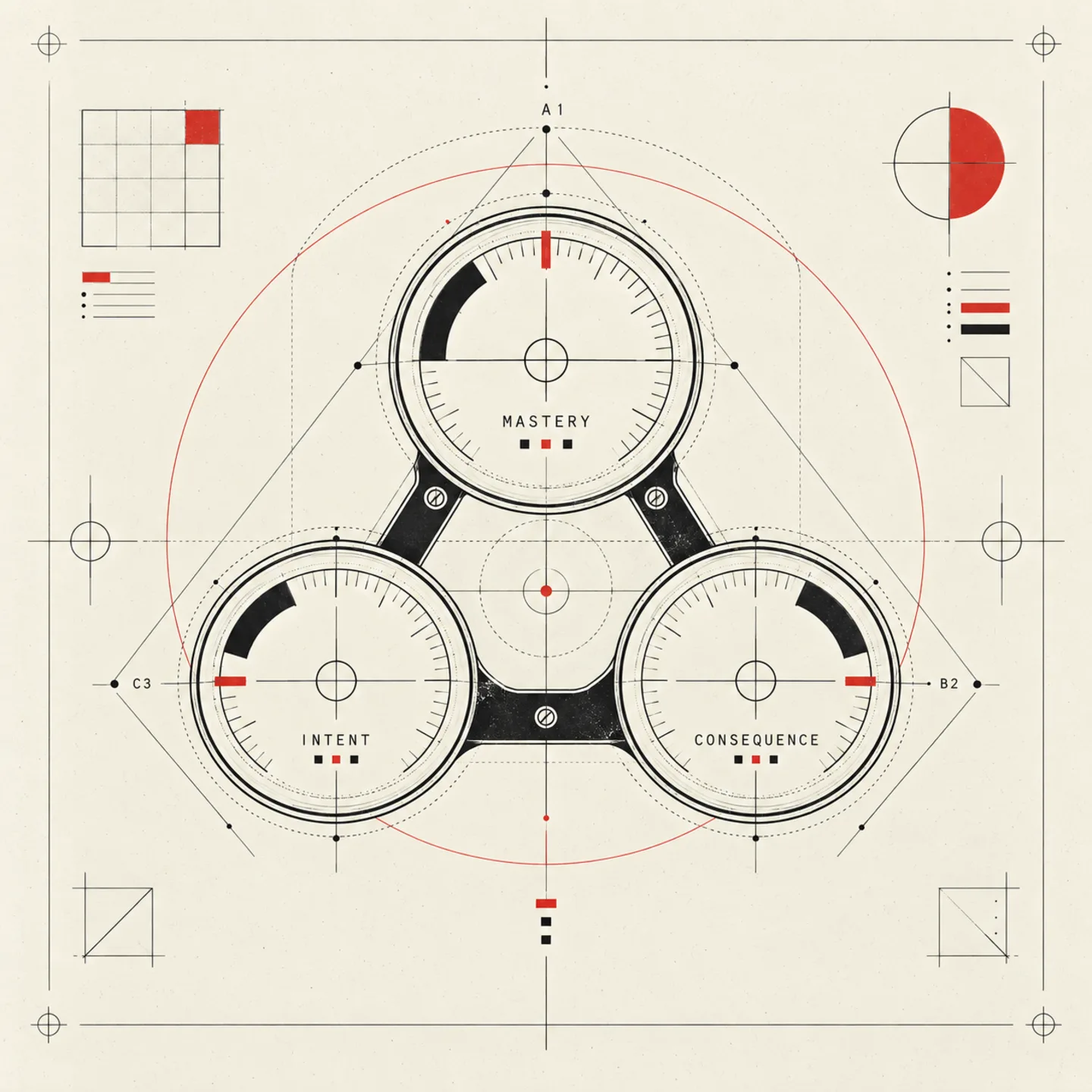 Three interlocking calibration dials representing mastery, intent, and consequence
