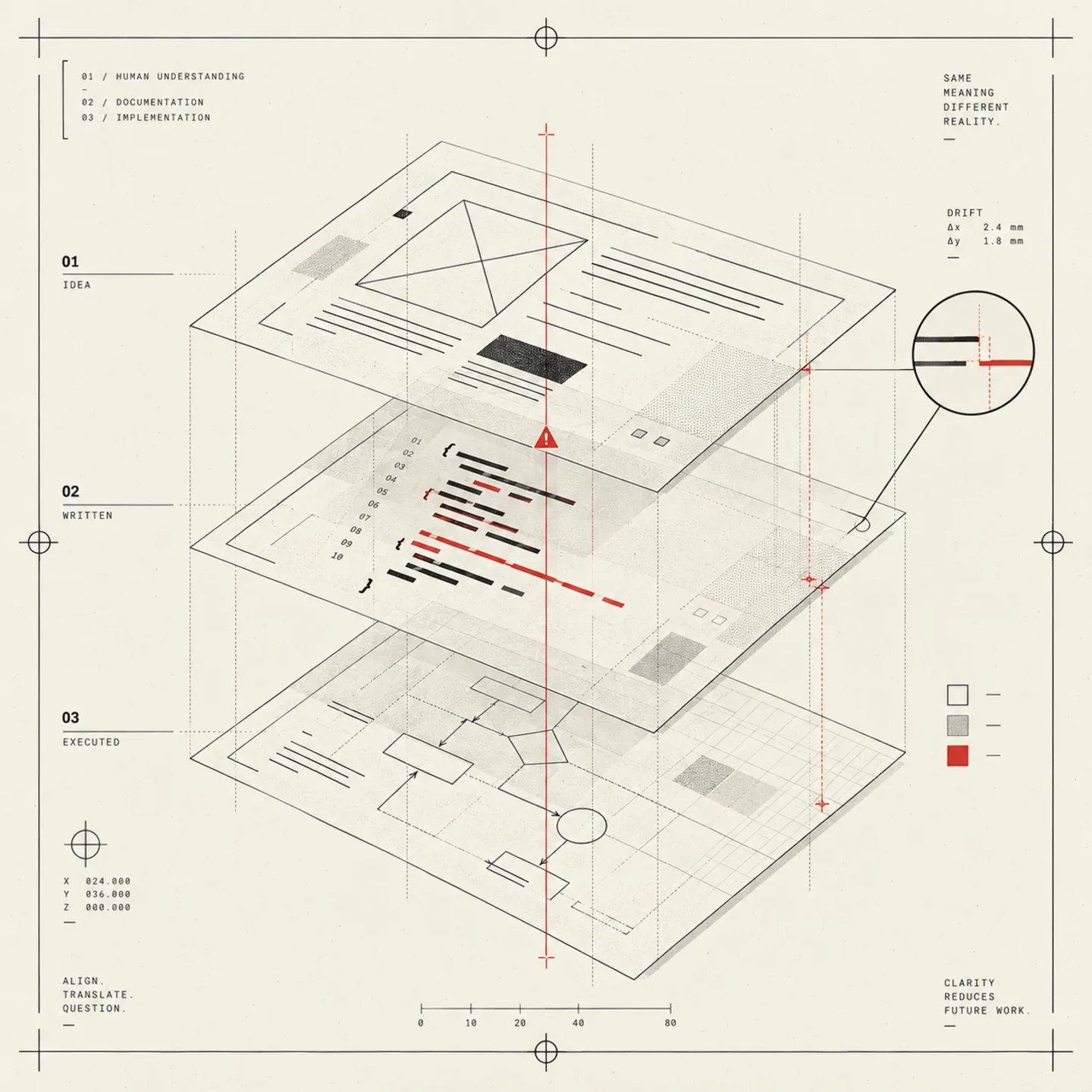 Technical diagram of human understanding, documentation, and implementation drifting out of alignment