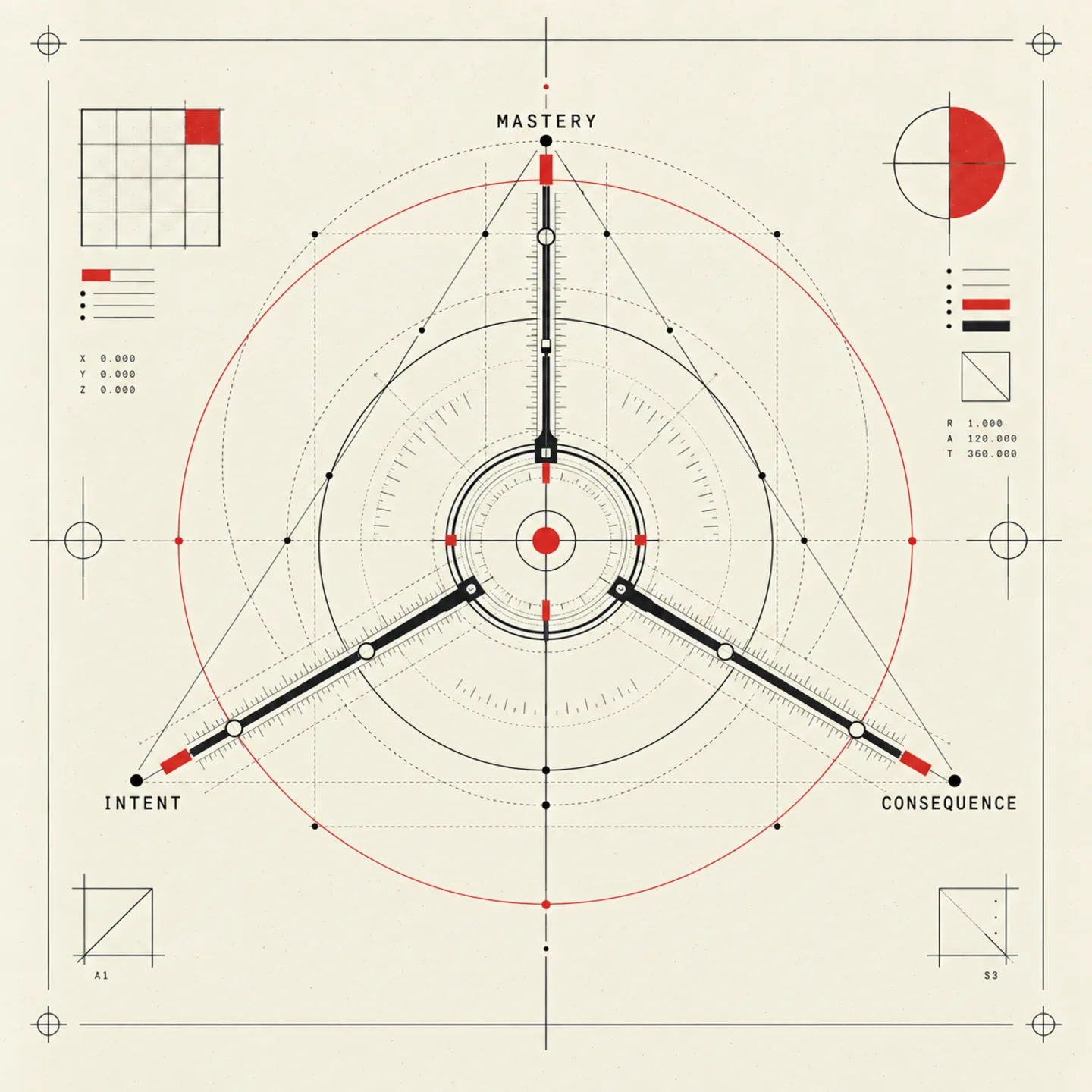 Technical calibration instrument with intersecting mastery, consequence, and intent axes