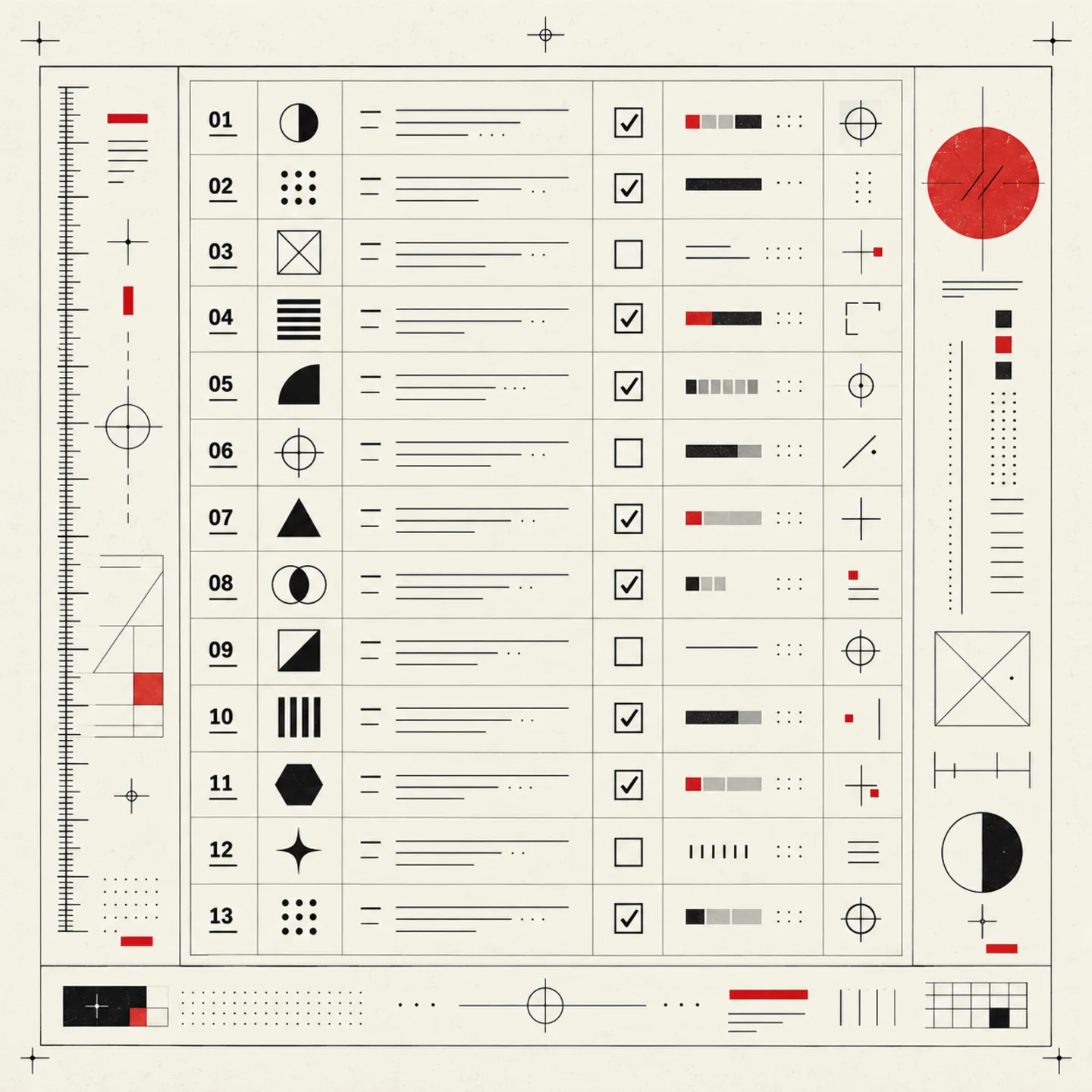 Technical ledger with thirteen numbered integrity checks