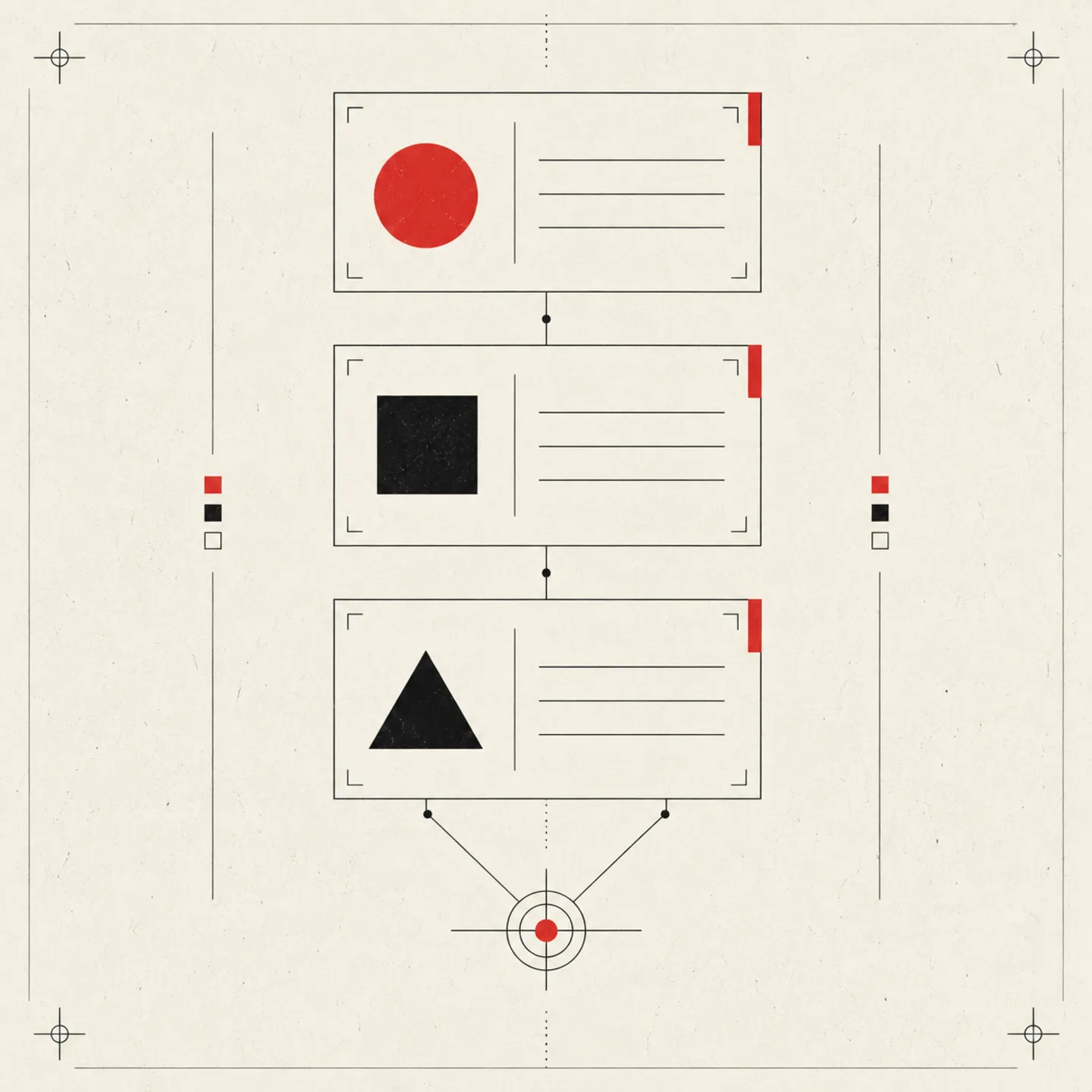 Three abstract question cards converging on a calibrated point